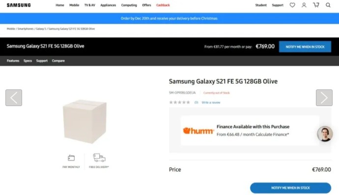 Galaxy S21 FE este listat pe site-ul oficial Samsung Irlanda