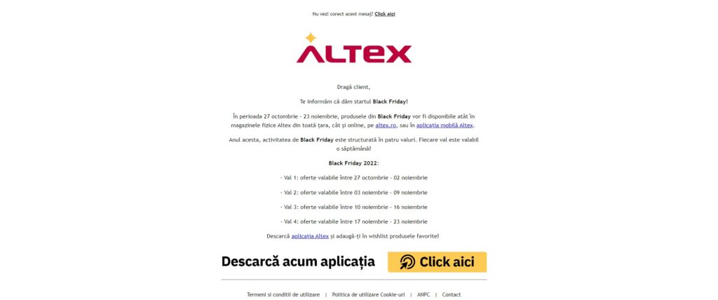 Mail primit de la Altex cu privire la campania de Black Friday 2022