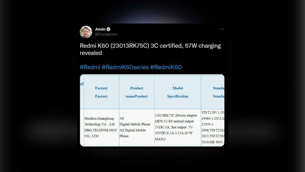 Redmi K60 primește certificare 3C cu încărcare de 67 W