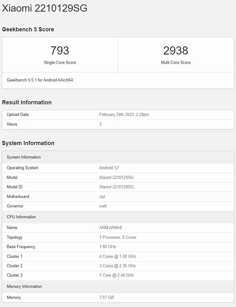 Xiaomi 13 Lite este listat pe Geekbench