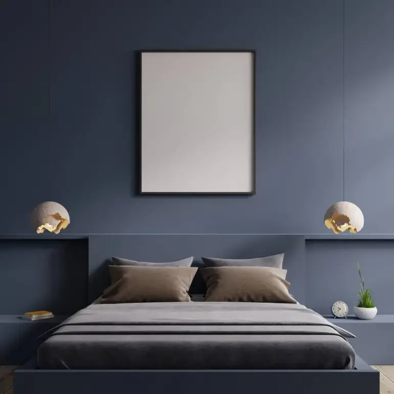 poster mockup with vertical frame empty dark blue wall bedroom interior wp jpg