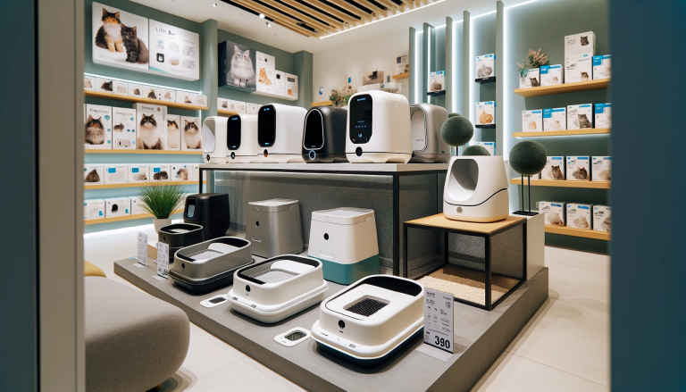 a display of various automatic cat litter boxes in converted wp